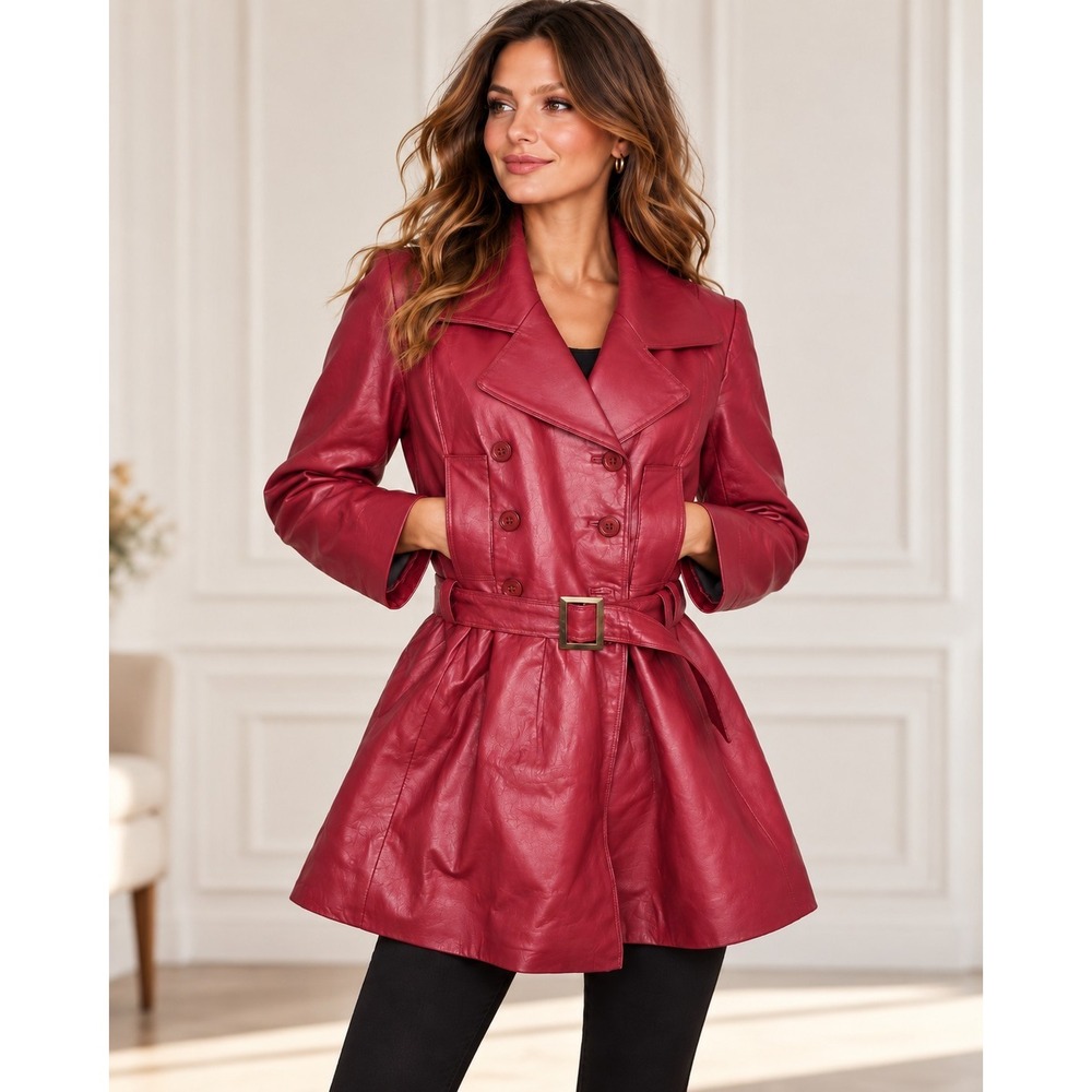 Newport News Vtg Y2K 2000s Red Leather Trench Coat Belted Double Breasted 14